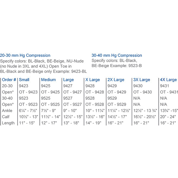 Knee High Compression Stocking 20-30 mm Hg Model # 9423-9425-9427-9428-9429-9430-9431